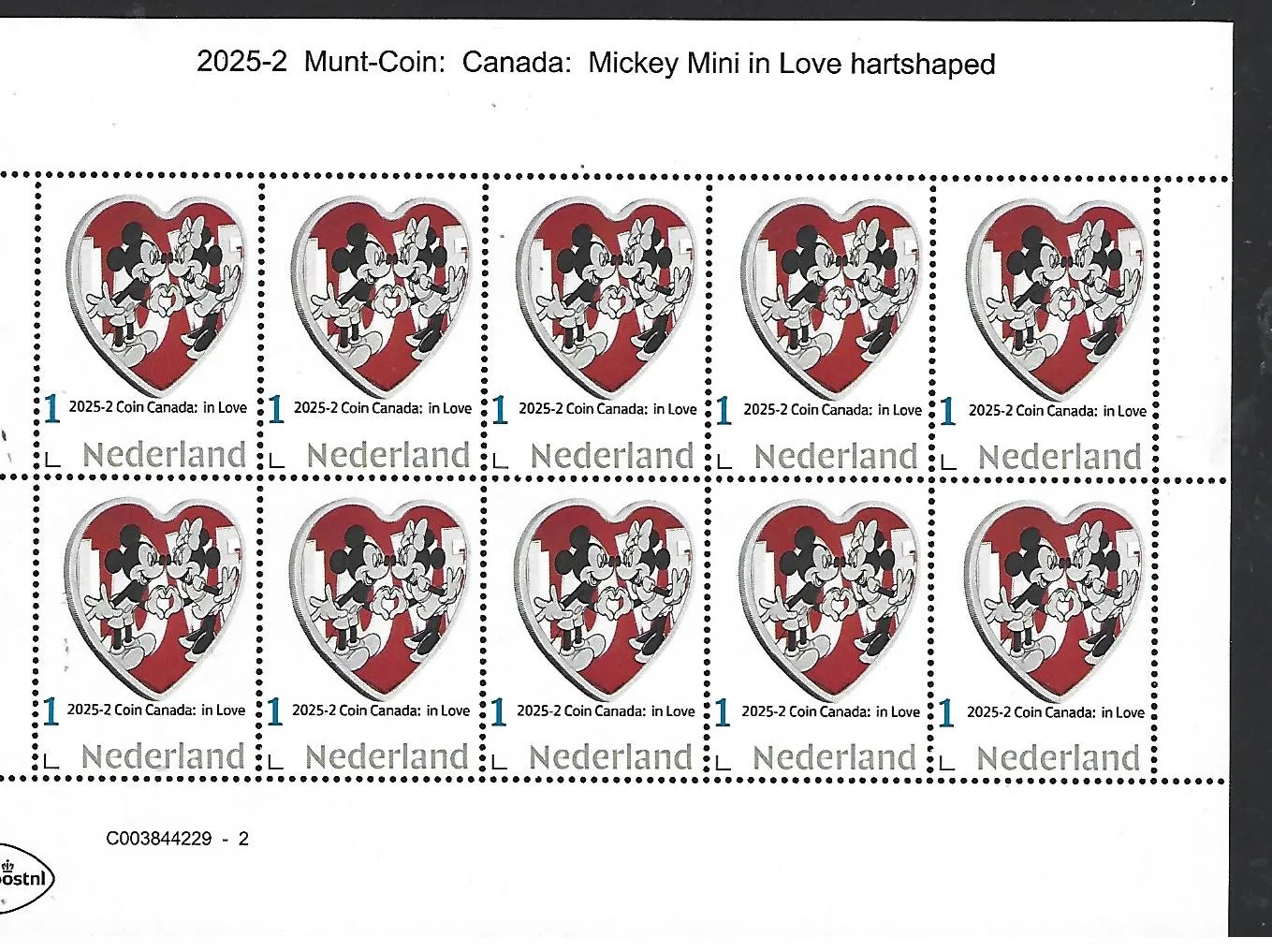 Nederland 2025-2 Munt coin Disney: Mickey in Love Niue $2 sheet postfris/mnh