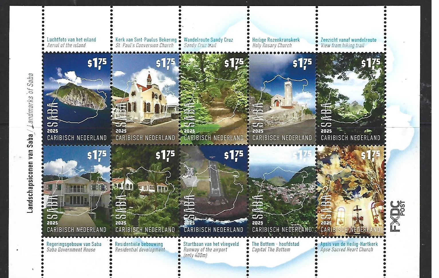 Caribisch Nederland 2025: Saba landmarks buildings sheetlet postfris/mnh