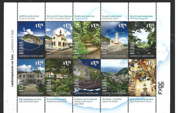 Caribbean Netherlands 2025: Saba landmarks buildings sheetlet MNH