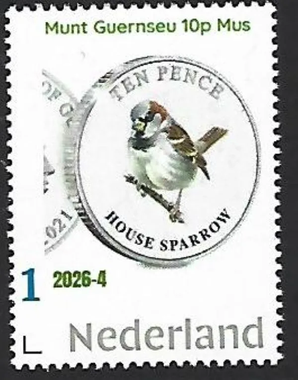 Nederland 2026-4 Munt coin on stamp: Huismus House sparrow Guernsey 10p postfris/mnh