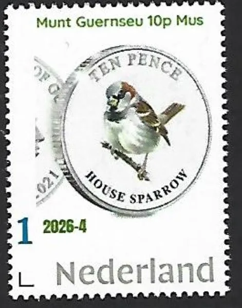 Netherlands 2026-4 Coin on stamp: House sparrow Guernsey 10p MNH