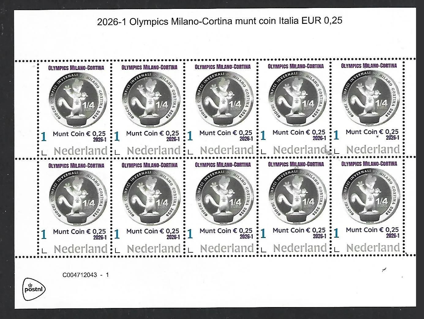 Nederland 2026-1 Olympics: Milano Cortina coin 0,25 Italia sheet postfris/mnh