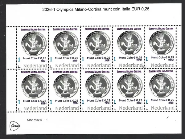 Nederland 2026-1 Olympics: Milano Cortina coin 0,25 Italia sheet postfris/mnh