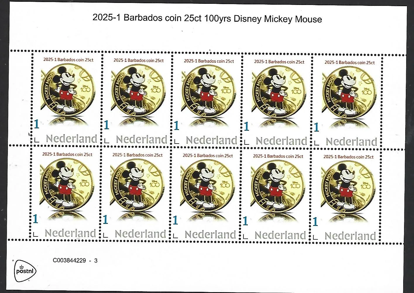 Nederland 2025-1 Munt coin Disney: Mickey Mouse Barbados sheet postfris/mnh