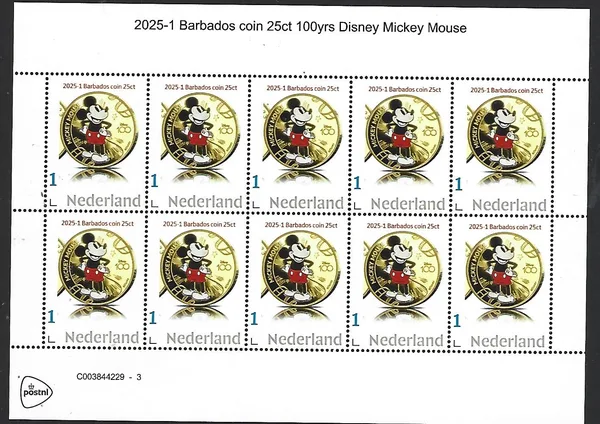 Netherlands 2025-1 Coin Disney: Mickey Mouse Barbados sheet MNH