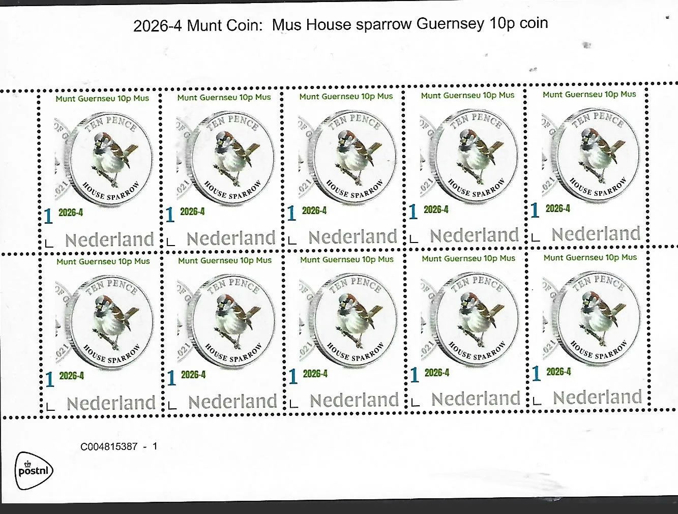 Nederland 2026-4 Munt coin on stamp: Huismus House sparrow Guernsey 10p sheet postfris/mnh