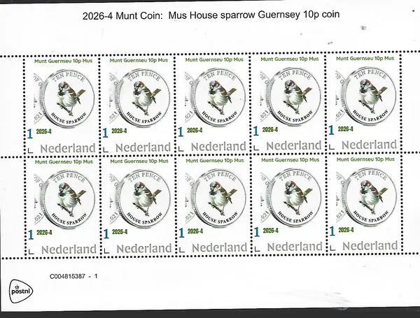 Netherlands 2026-4 Coin on stamp: House sparrow Guernsey 10p sheet MNH