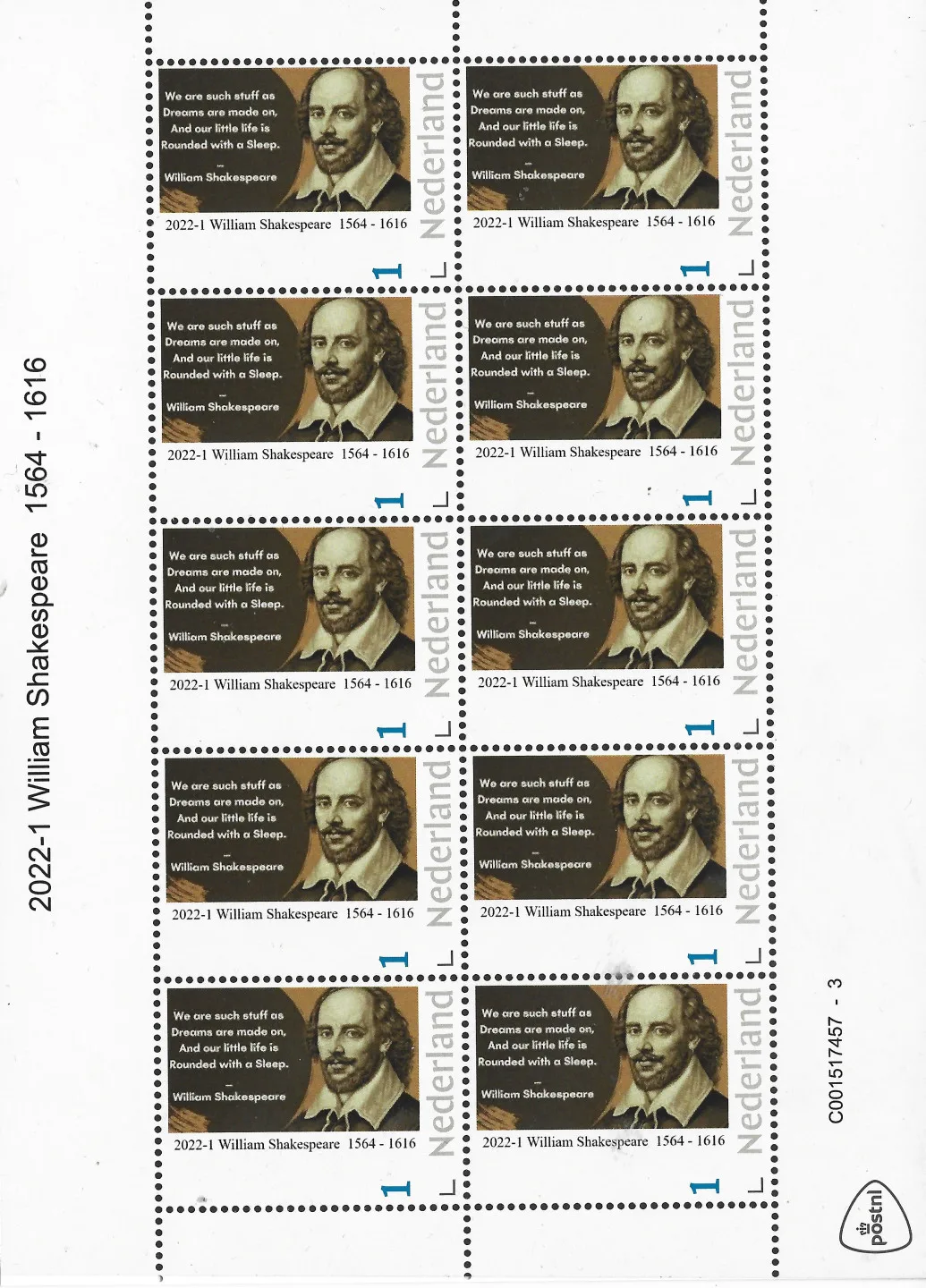 Pays-Bas 2022-1 William Shakespeare feuille avec vignette postfris/mnh