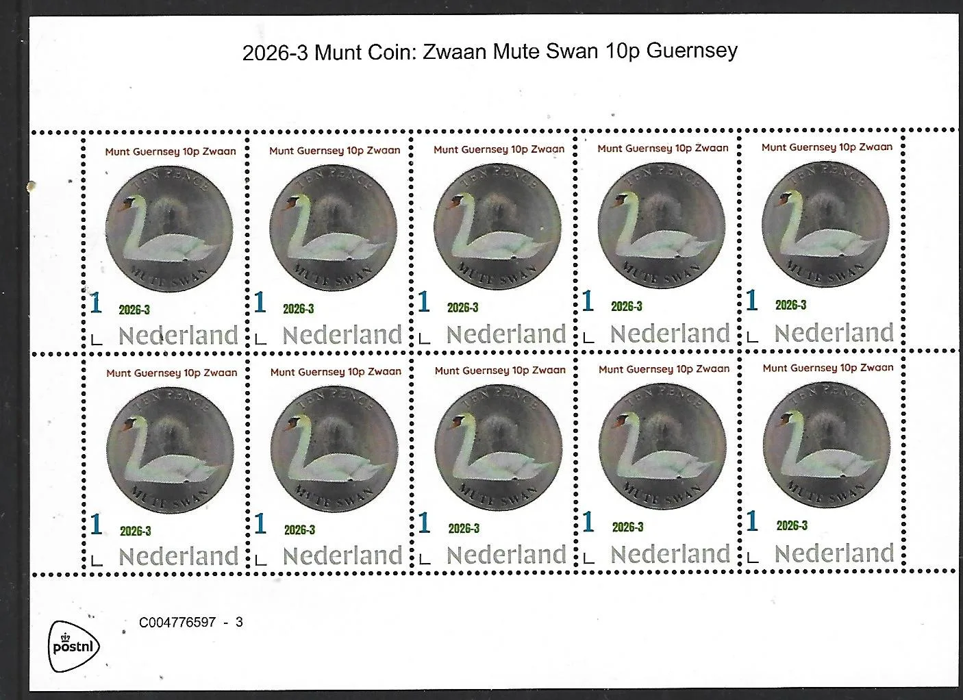 Nederland 2026-3 Munt coin Zwaan Mute Swan Guernsey 10p sheet postfris/mnh