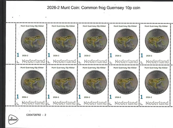 Nederland 2026-2 Munt Coin Guernsey 10p Kikker Frog sheet postfris/mnh
