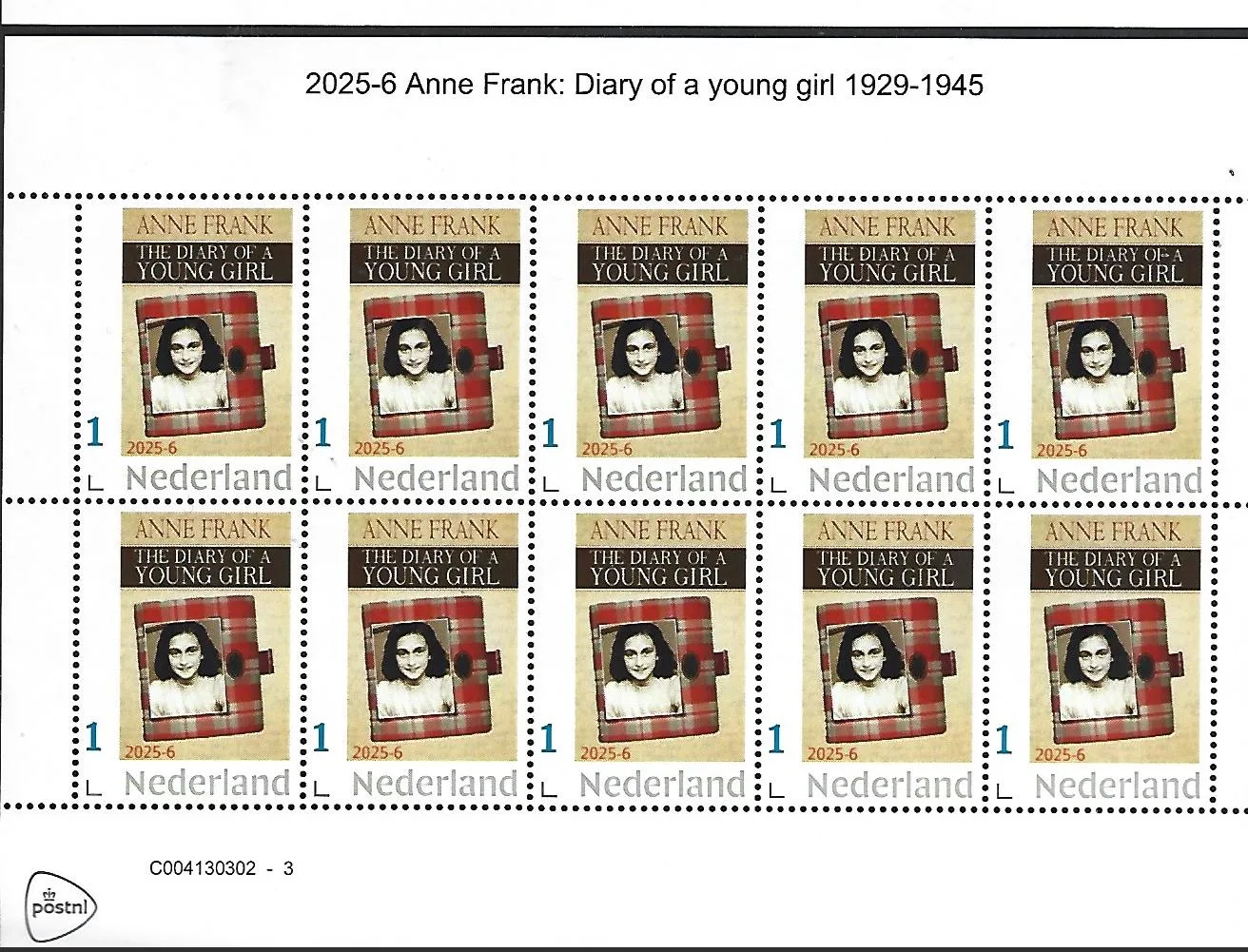Nederland 2025-6 Anne Frank dagboek sheetlet postfris/mnh