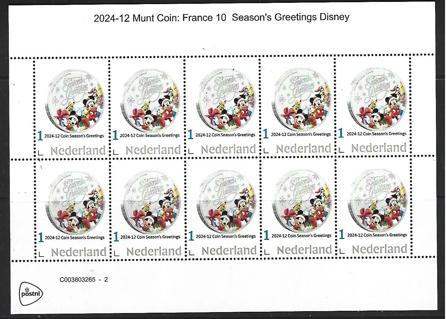 Pays-Bas 2024-12 Timbre-monnaie Disney Meilleurs vœux feuillet neuf/mnh