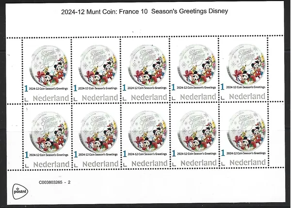Netherlands 2024-12 Coin on stamp Disney Season's greetings sheetlet MNH
