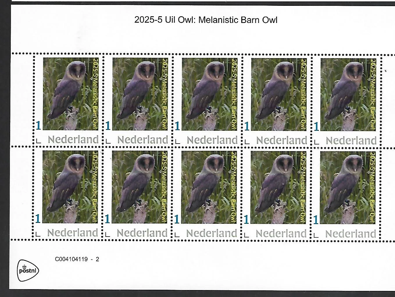 Netherlands 2025-5 Owl Melanistic Barn Owl sheetlet MNH