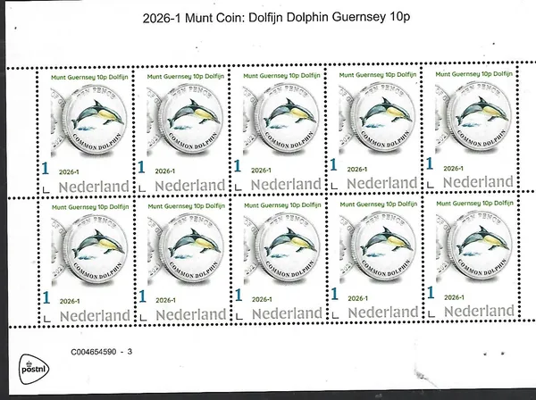 Nederland 2026-1 Coin on Stamp Animals Dolphin 30p Guernsey sheetlet postfris/mnh