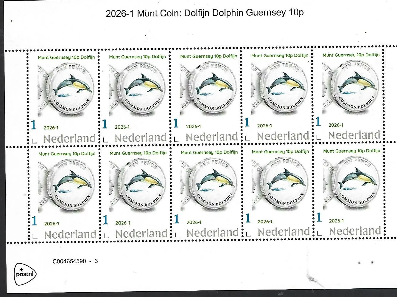 Netherlands 2026-1 Coin on Stamp Animals Dolphin 30p Guernsey sheetlet MNH